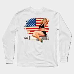 Sexy Pin Up Girl on Spark Plug - American Flag Long Sleeve T-Shirt